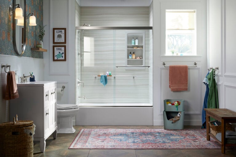 Photo of a KOHLER shower with Veincut Dune walls