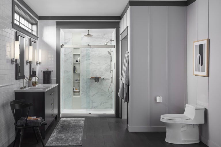Photo of a KOHLER shower with Calacatta Crema walls